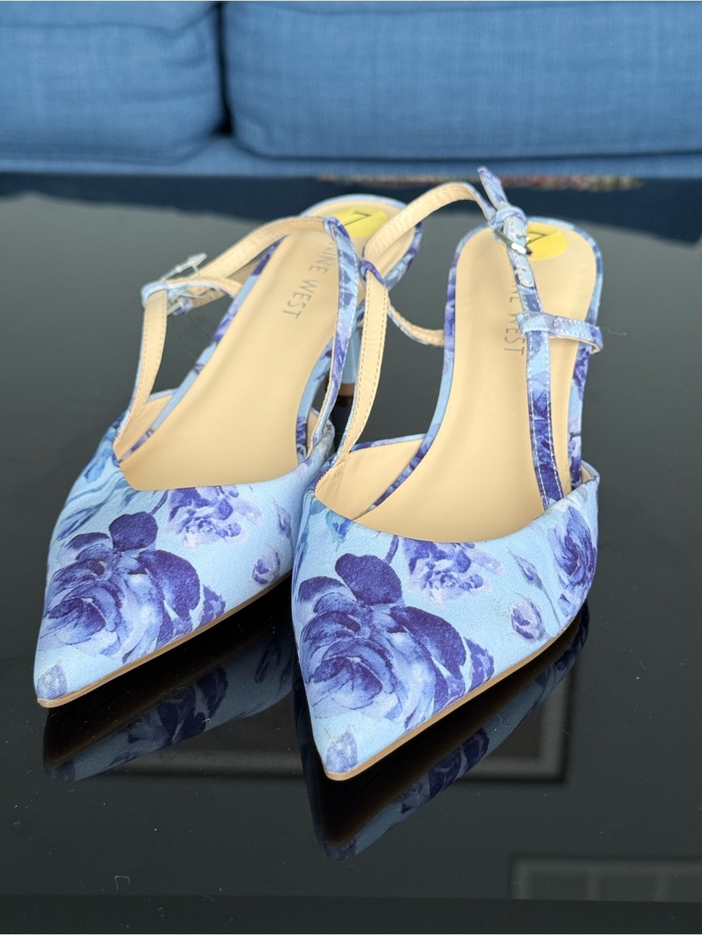 Nine West Light Blue Floral Pointed-Toe Slingback Heels